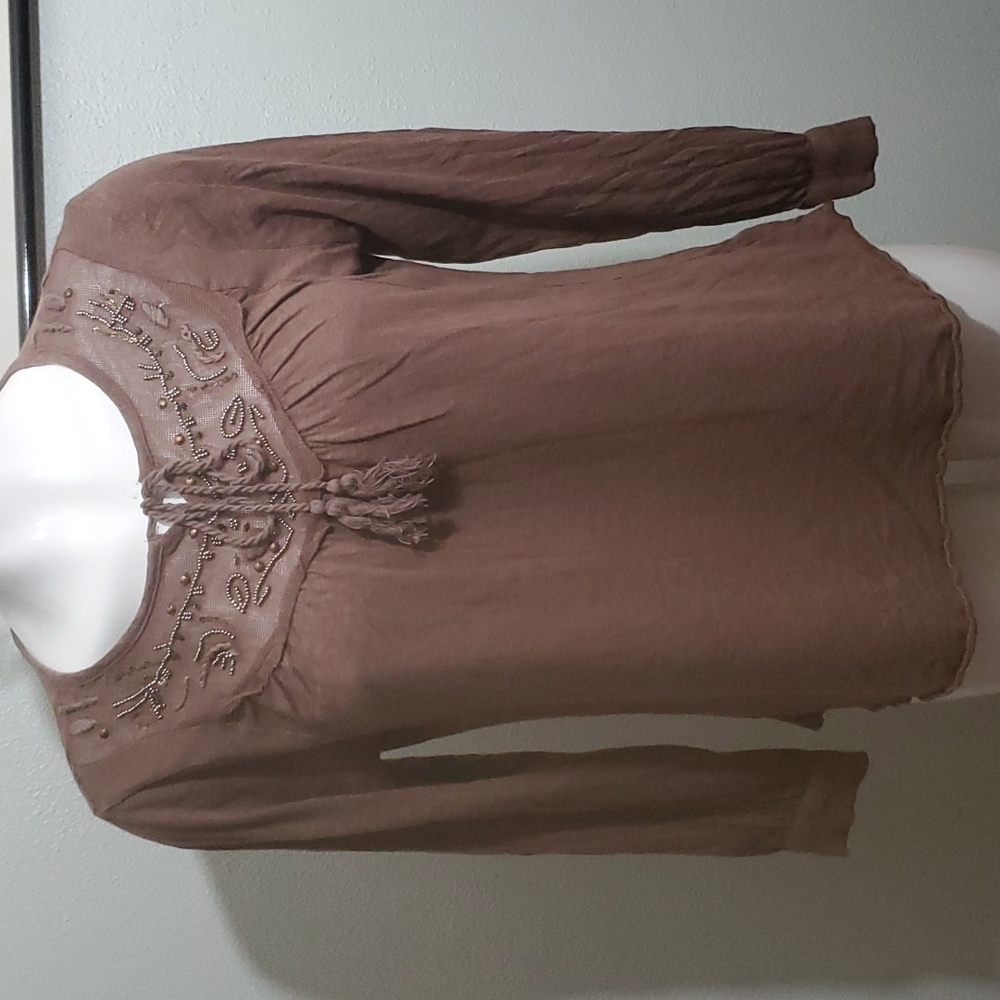NINE WEST VINTAGE AMERICA COLLECTION Brown L/S Boho Peasant Style Top-EUC-Sz S